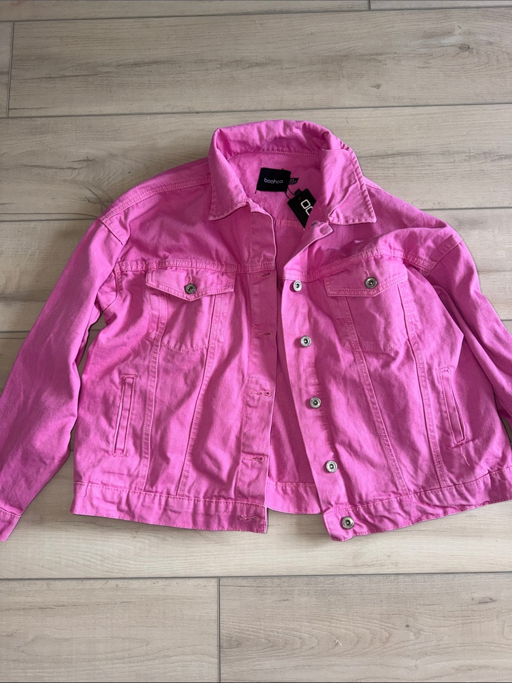 Boohoo Hot Pink Denim Trucker Jean Jacket Size 4 Small 100% Cotton